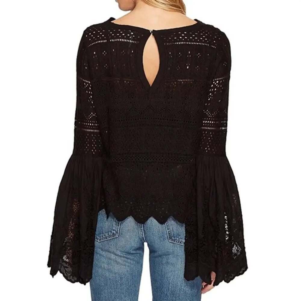Free People Once Upon A Time Lace Bell Sleeves Top In Black Size S NWOT